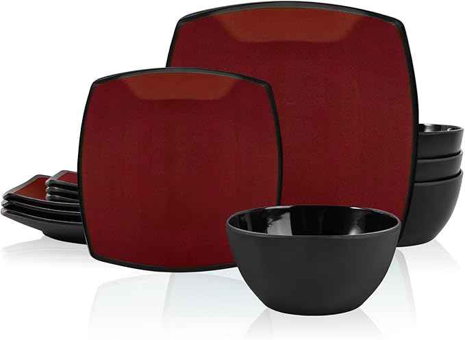 Square Melamine Dinnerware Sets 12 Piece Service for 4 Deep Red Plates and Bowls Sets for Indoor/Outdoor Grill Holiday Party Camping