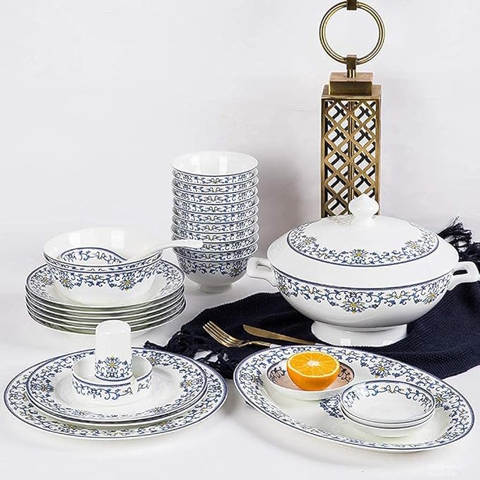 Ceramics Dinner Sets 58 Pieces Dinnerware Set Blue and White Porcelain Style Bowl/Spoon/Plate - Family Party and Kitchen Restaurant