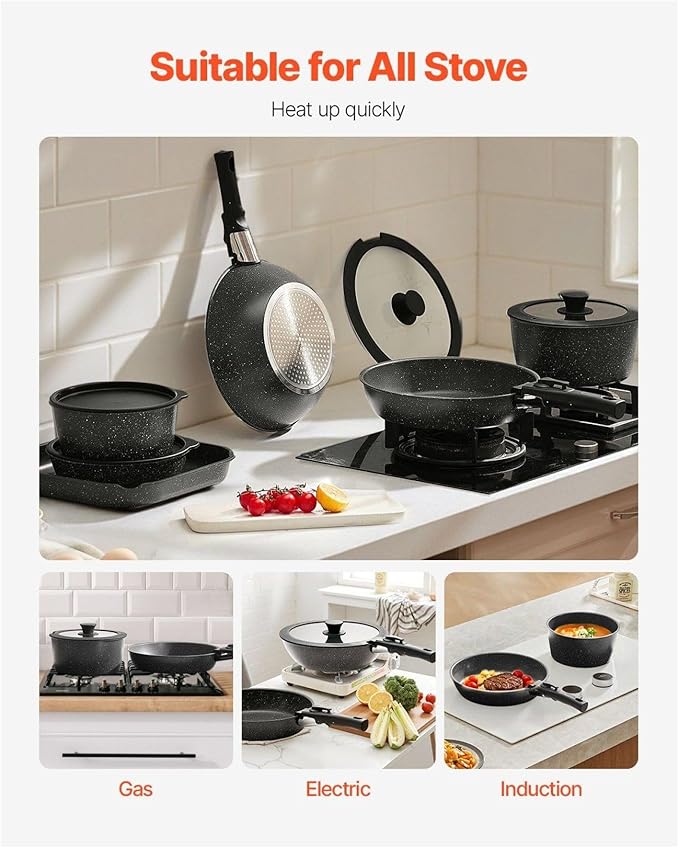 17 Piece Granite Nonstick Pots And Pans Set Induction Compatible Kitchen Cookware Black