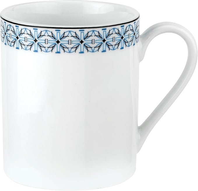 Portmeirion Home Mallorca 16 Piece Porcelain Dinnerware Set with Blue Geometric Border 4 Place Settings - Ideal for Weekday Meals Casual Brunches Relaxed Dinner Parties Small Family Celebrations
