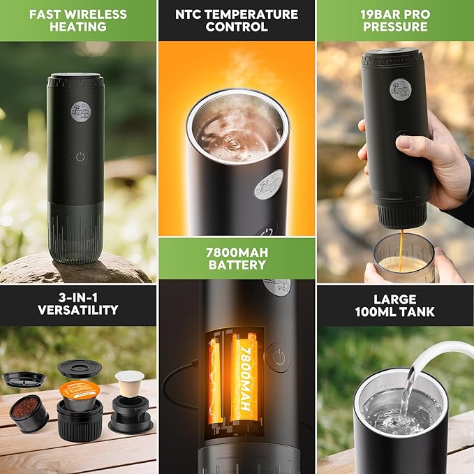BENFUCHEN 3 in 1 Portable Electric Espresso Machine for Nespresso Capsule Travel Coffee Maker with Ground Coffee for Camping RV Hiking OfficeCar Coffee Maker Self-Heating with USB-C (Black)