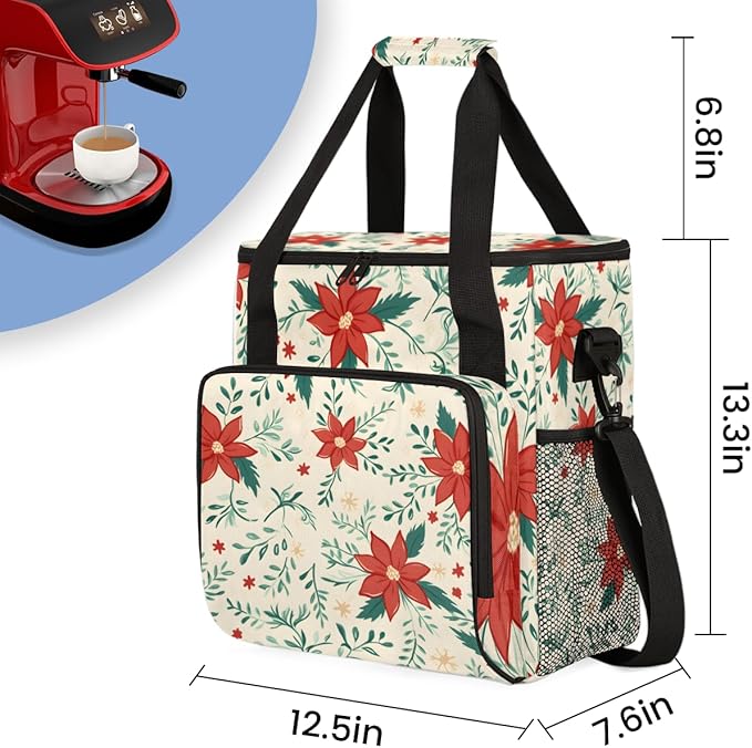 Christmas Flowers Coffee Maker Carrying Bag Dreamy Flowers Travel Storage Bag Compatible with K-Mini or K-Mini Plus Single Serve Coffee Brewer Carrying Case with Multiple Pockets &amp Shoulder Stra