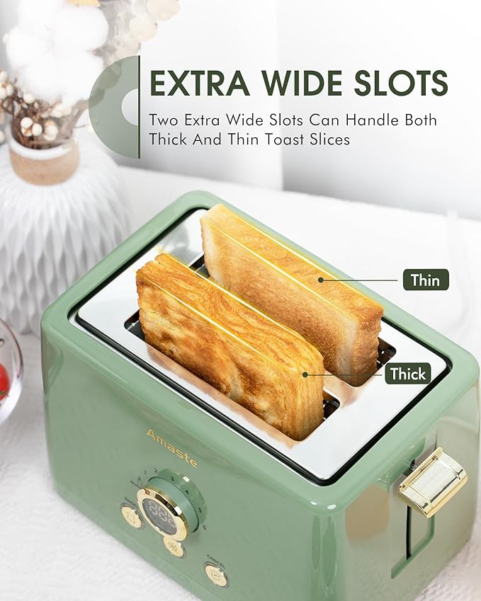 2 Slice Toaster Retro Bread Toaster with LED Display Extra Wide Slots Toasters with 6 Bread Shade Settings Bagel Cancel Defrost Function Stainless Steel with High Lift Lever Removal Crumb Tray