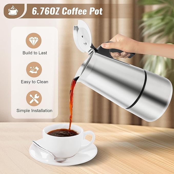 200ml Moka Pot Coffee Maker Stainless Steel 4-Cup Mini Coffee Machine Quick Brew with 5 Gears 32-392℉ Cafe Percolator Hot Water Urn for Offices Catering Church