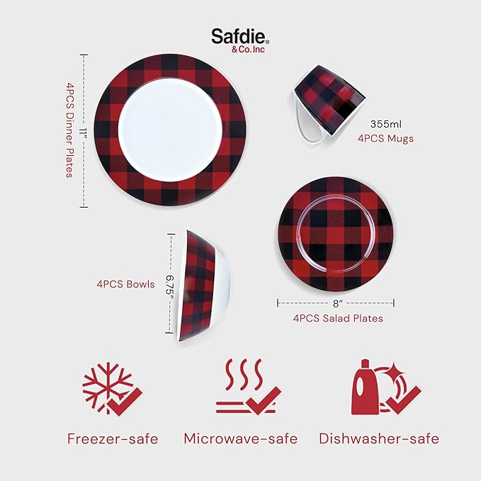 Safdie &amp Co. 16-Piece Red Black Plaid Dinnerware Set Porcelain Includes Bowls Plates and Mugs Dishwasher Safe