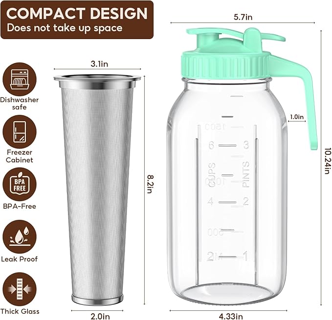 Cold Brew Coffee Maker Jar - 2 Pack 64 oz Glass Cold Brew Maker with Handle Stainless Steel Filter &amp Leak-Proof Lid Heavy Duty Cold Brew Pitcher for Iced Coffee Sun Tea and Milk