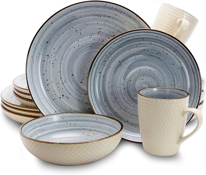 Unknown1 Embossed Dot Two Tone 16-Piece Dinnerware Set in Powder Blue Textured Casual Round Stoneware 16 Piece Microwave Safe Medium