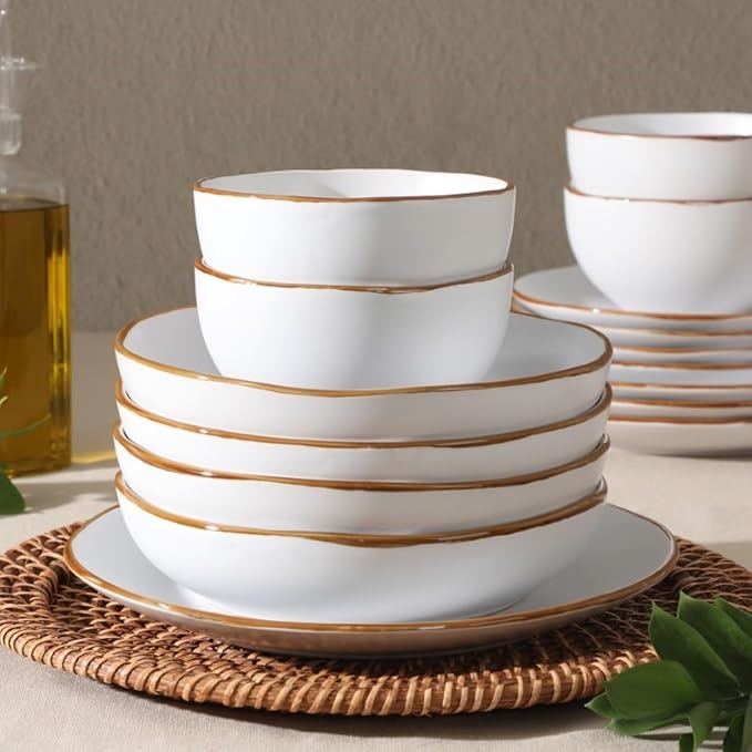 Gibson Home Hazeltine 16-Piece White Stoneware Dinnerware Set – Plates and Bowls Durable Ceramic Kitchen Dinner Set