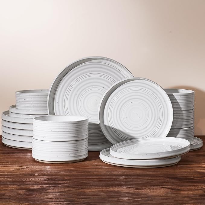 Plates and Bowls Sets for 6 (18-Piece) Stoneware Reactive Glaze Dinnerware with Speckles &amp Spirals Chip and Scratch Resistant Straight Dishes Set with Gift Box Microwave Dishwasher Safe White