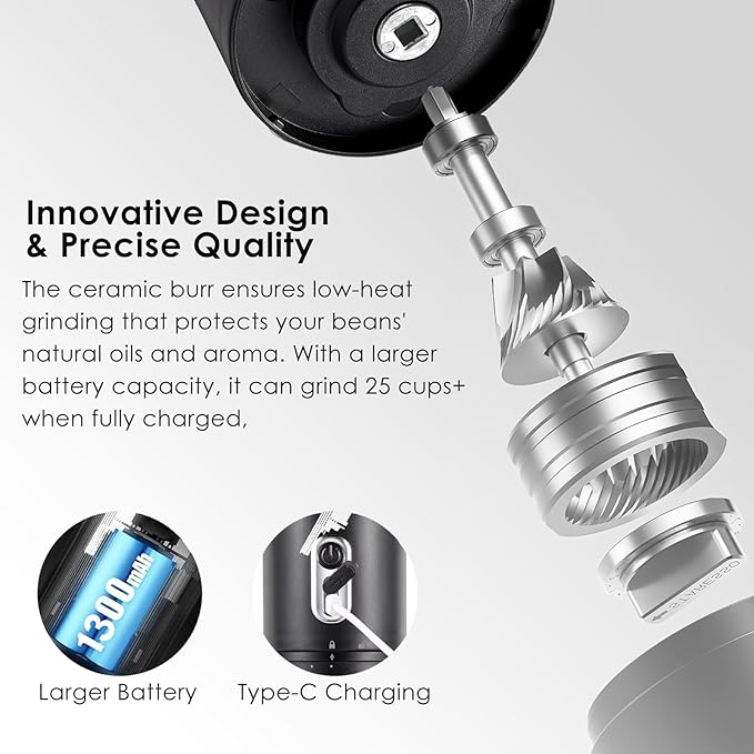 All-in-one Pour Over Coffee Maker Portable Electric Burr Coffee Grinder Rechargeable Coffee Bean Grinder Conical Burr Battery Powered Cordless Portable Coffee Maker for Travel Camping Car