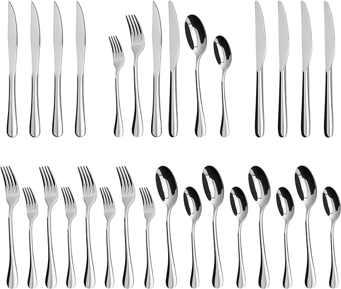 24-Piece Silverware Set with Steak KnivesFlatware Set for 4 Food-Grade Stainless Steel Tableware Cutlery Set Mirror Finished Utensil Sets for Home Restaurant