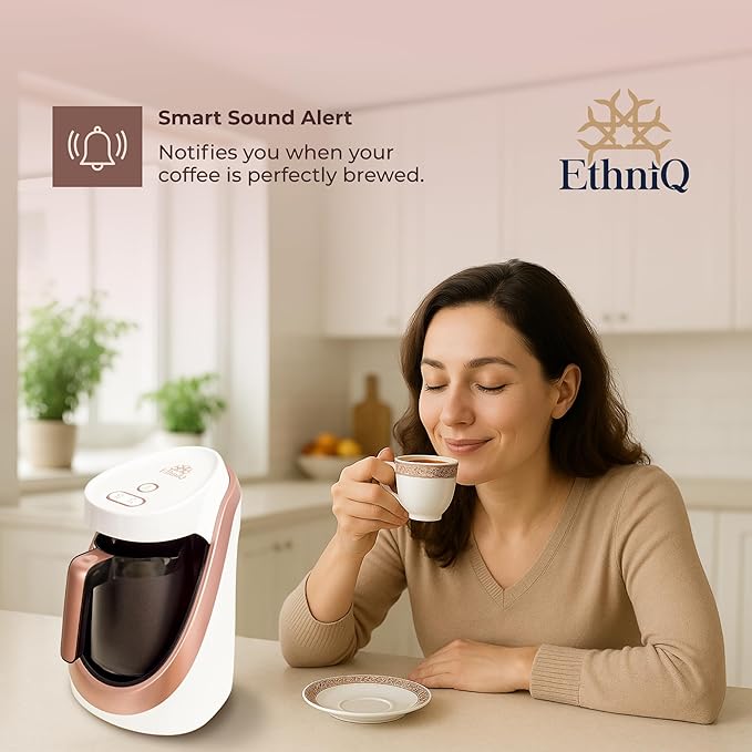ETHNIQ Turkish Coffee Maker - 100% BPA Free 120V 1 to 4 Cup Brewing Capacity with Cook Sense Technology for Delicious Cup of Turkish &amp Greek Coffee Turkish Coffee Pot (White)