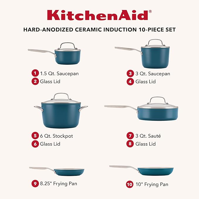 KitchenAid Hard Anodized Ceramic Induction Pots and Pans Dishwasher Safe Includes Saucepans Stockpot Sauté Pan Frying Pans/Skillets and Lids 10 Piece Cookware Set - Agave Blue