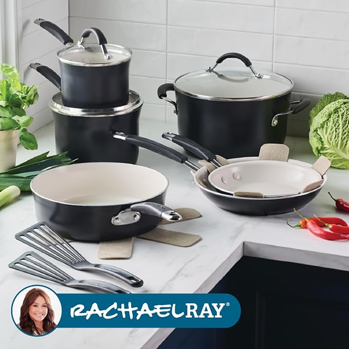 Rachael Ray Cucina Ceramic Cookware Set - 13 Pieces - Ceramic Pots and Pans Set w/Nonstick Frying Pans Saute Pan Saucepans Stockpot Lids Pan Protectors &amp Cooking Utensils - Peppercorn