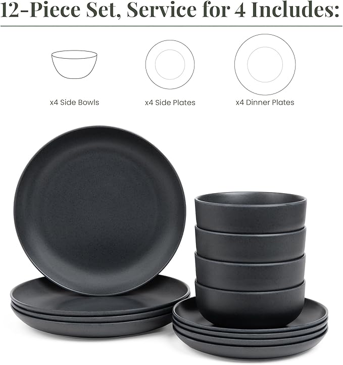 Larder &amp Vine 12-Piece Melamine Dinnerware Set: Durable Lightweight Break-Resistant Plates &amp Bowls – Stylish Non-Toxic Dishwasher Safe – Ideal for Everyday Use Indoor &amp Outdoor Dining