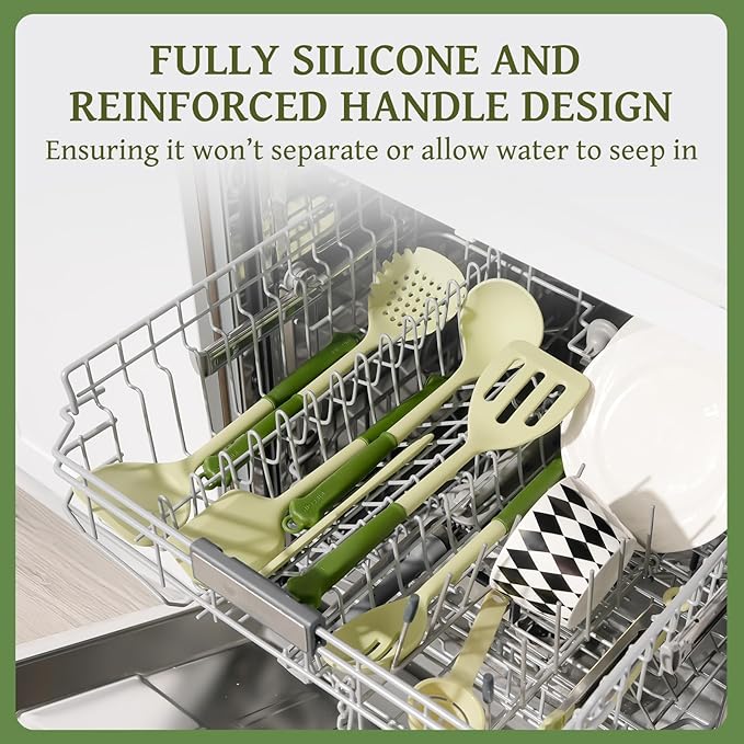 Kikcoin 43Pcs Kitchen Utensils Set - Silicone Cooking Utensil Set Dishwasher Safe Spatula for Non-stick Cookware 446°F Heat Resistant Kitchen Gadgets with Holder BPA Free Avocado Green