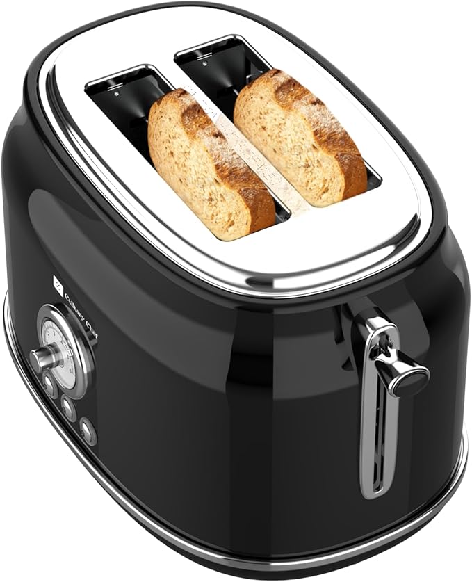 Frigidaire ETO102-WHITE 2 Slice Toaster Retro Style Wide Slot for Bread English Muffins Croissants and Bagels 5 Adjustable Toast Settings Cancel and Defrost 900w Black