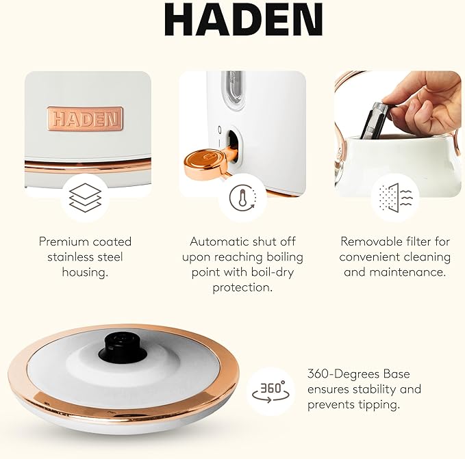 Haden Heritage 2 Slice Wide Slot Stainless Steel Toaster Bundled with 1.7 Liter Stainless Steel Electric Water Kettle Ivory &amp Copper
