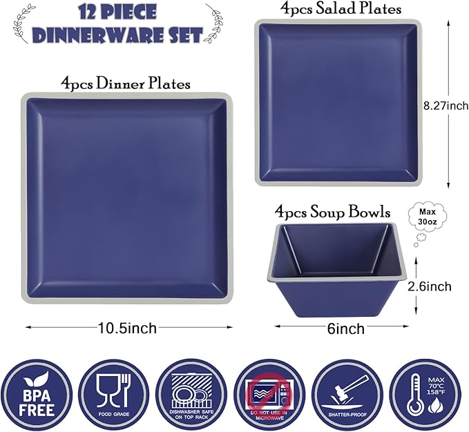 Square Melamine Dinnerware Sets Durable Square Dinner Plates and Bowls Set12-Piece Set Non-breakable Lightweight Dinner Tableware Sets Service for 4