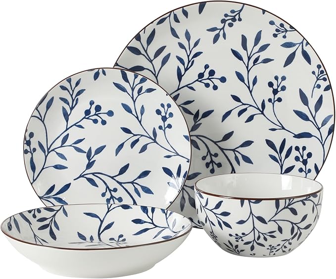Gibson Home Palace Suite 16-Piece Dinnerware Set Blue Floral Stoneware Plates &amp Bowls Service for 4 Round Durable Everyday Dish Set