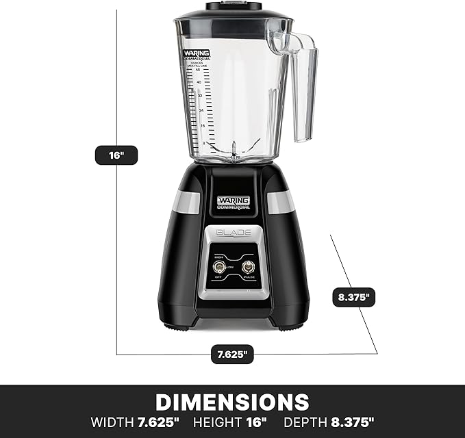Waring Commercial BB300 Blade 1 HP Blender Toggle Switch Controls with Pulse feature with 48 oz BPA Free Copolyester Stacking Container 120V 5-15 Phase Plug Black