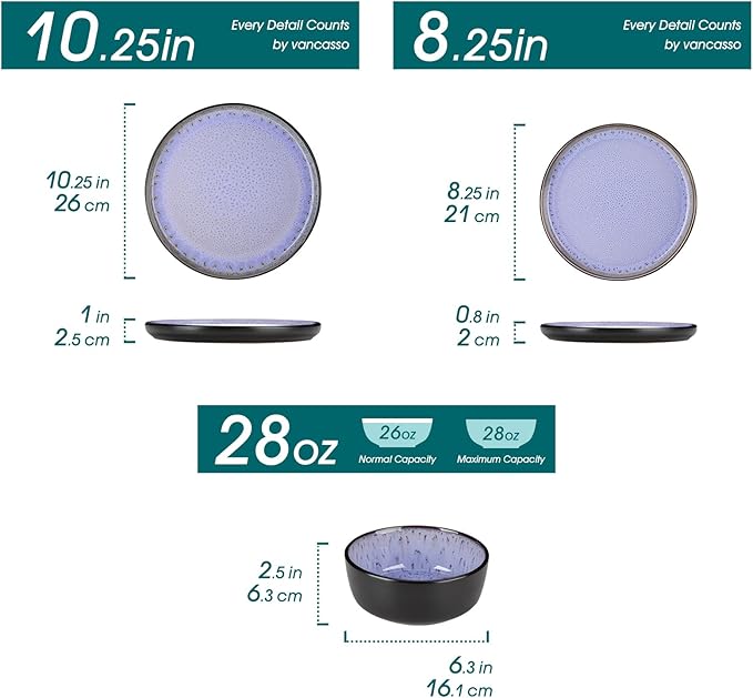 vancasso Plates and Bowls Sets 24 Pieces Stoneware Dinnerware Sets for 8 Kitchen Dish Set Mircowave and Dishwasher Safe Ceramic Dishware Purple Series AMBER