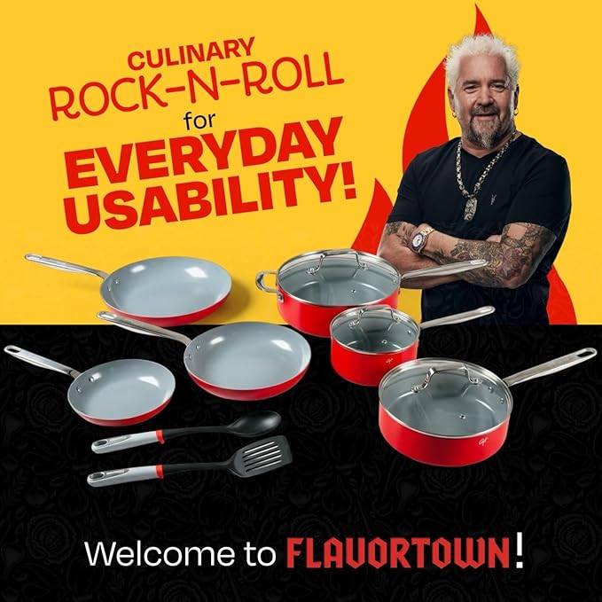 Guy Fieri's Flavortown 11-Piece Ceramic Cookware Set Nonstick Pots and Pans for Cooking Made without PFAS PTFE PFOA Oven Safe Dishwasher Safe Easy to Clean Everyday Cookware Red