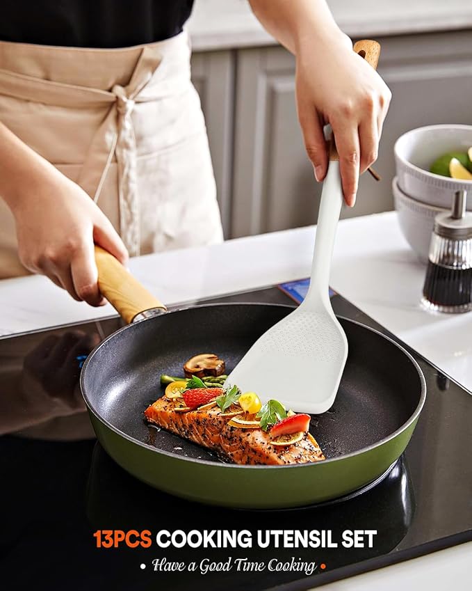 Kitchen Utensils Set 13PCS Silicone Cooking Utensils Heat Resistant Kitchen Utensil Spatula Set for Nonstick Cookware Wooden Handles Kitchen Gadgets Tools Set