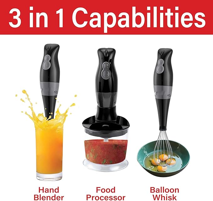 2-Speed Electric Hand Blender with Balloon Whisk – Ergonomic Immersion Blender for Mixing Chopping and Food Processing – Stainless Steel Blades 5ft Cord Dishwasher Safe (Black)