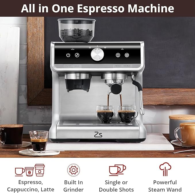 Espresso Coffee Maker with Milk Frother Brushed Stainless Steel Espresso Machine with Grinder and Espresso Machine for Home Barista Cuppuccino Machine Use