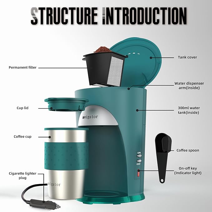 Portable Coffee Maker for Travel Camping Car Compact Drip Coffee Machine Single Serve with 10 oz Travel Mug for Traveling RV Office Home and Dorm 12V Green