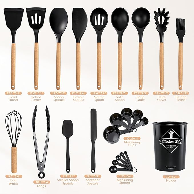 BlingKingdom Premium Silicone Cooking Utensil Set 24-Piece Non-stick Kitchen Cooking Utensils with Wooden Handle 446°F Heat Resistant Silicone Kitchen Utensil Tool for Nonstick Cookware - Black