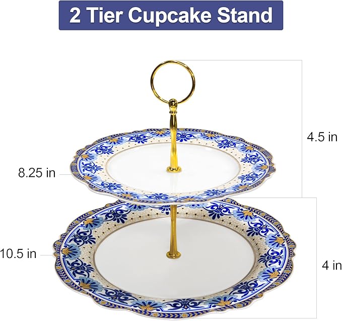 ACMLIFE Bone China Dinnerware Set for 4 2 Tier Cupcake Stand for Dessert Table
