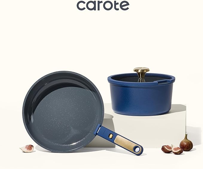 CAROTE Blue&ampGold Ceramic Cookware Set Non Toxic PFAS Free15Pcs Pots and Pans Set Non Stick Detachable/Removable HandleKitchen Cooking Set Dishwasher Safe Nonstick Pot and Pan Induction Cookwa