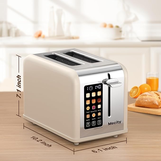 Mecity 2 Slice Touch Screen Toaster 1.5 Wide Slot Stainless Steel Smart Toaster for Bagels Muffins Waffles Gluten-Free Breads Defrost Reheat Timer 120V 825W Cream Color