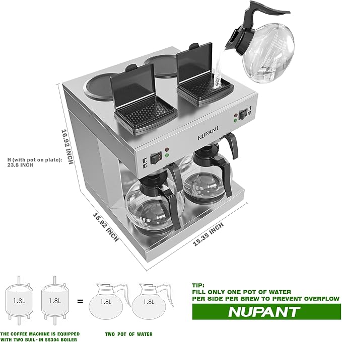Dual Drip Commercial Coffee Maker 200 Cup/hour 7.2L Pour Over Coffee Machine with 4 Glass Carafe and 4 Warmers Stainless Steel Double Coffee Brewer Staition for Restaurant and COFFEE Bar