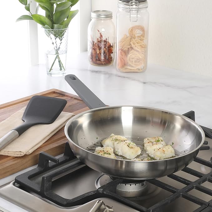 Oster Beauford 10-Inch Stainless Steel Frying Pan – Induction Oven &amp Dishwasher Safe Skillet Soft-Touch Gray Handle 5-Ply Encapsulated Bottom