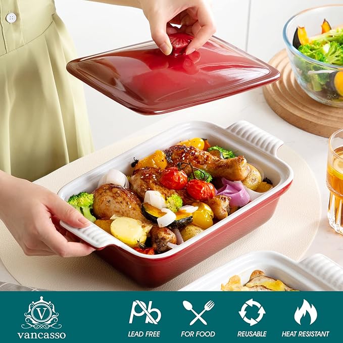 vancasso Blossom Casserole Dish With Lid 1.9 Quart Casserole Dish for Oven 12x7 Baking Pan with Handles Casserole Baking Dish Lasagna Pan with Lid Microwave Dishwasher Safe Red