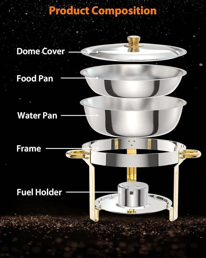 Commercial 5QT Round Chafing Dish Buffet Set – 2-Pack Stainless Steel Food Warmers with Glass Lid Holder Spoon &amp Tweezer – Gold Perfect for Catering Banquets Weddings – 2-piece Set