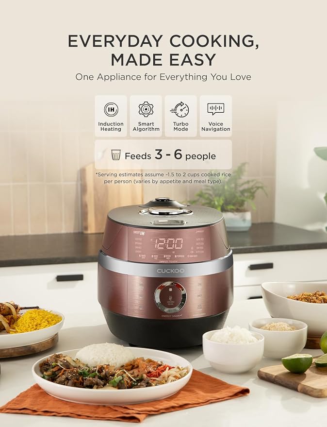 CUCKOO High Pressure Rice Cooker 6-Cup Uncooked / 12-Cup Cooked with Induction Heating Technology Versatile Rice Maker with 16 Menu Options and Steam Plate Voice Guide Copper (CRP-JHR0609F)