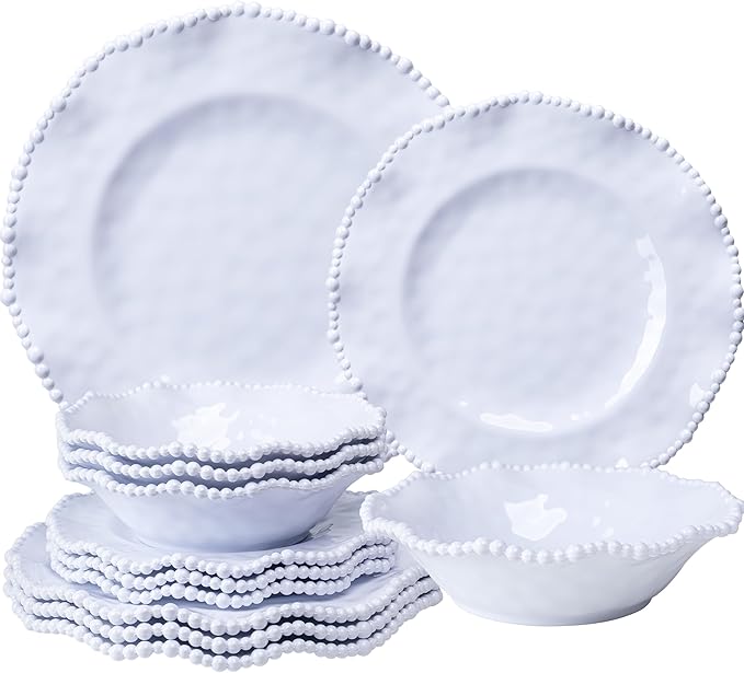 White Beaded Melamine Dinnerware Set 18 piece Dishwasher Safe Plates and Bowls for Dining Parties Camping Dish Set