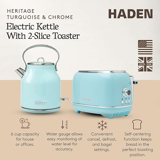 Haden Heritage 1.7 Liter Stainless Steel Electric Tea Kettle with Heritage 2 Slice Wide Slot Stainless Steel Bread Toaster Turquoise