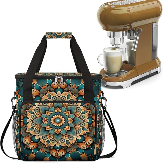 Ethnic Mandala Floral Flowers Coffee Maker Carrying Bag Coffee Machine Travel Storage Bag Compatible with K-Mini or K-Mini Plus Portable Single Serve Coffee Brewer Case with Pockets for K-Cup Pods