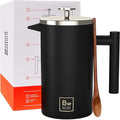 Barista Warrior French Press Coffee Maker Stainless Steel with Built-In Thermometer - Insulated Double Wall Design Dual Filter System Stay-Cool Handle &amp Wood Spoon - Black