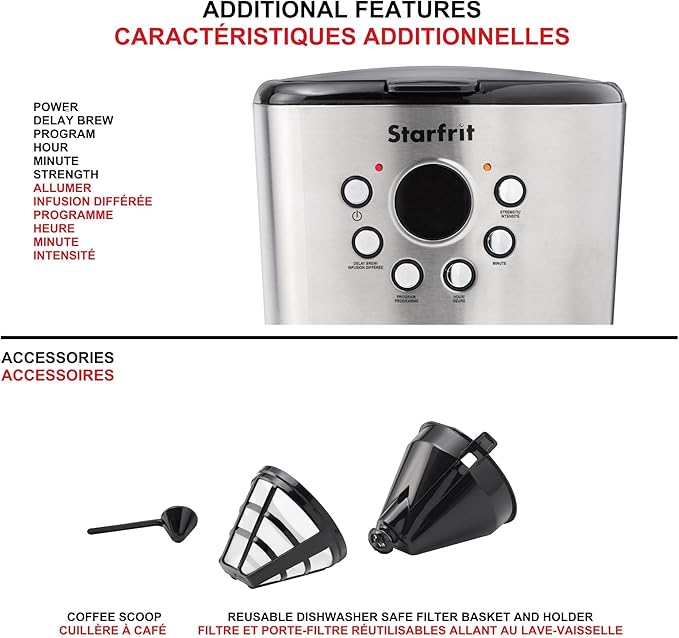 Starfrit Programmable Drip Coffee Maker - 12 Cups - LCF Display - Stainless Steel Design