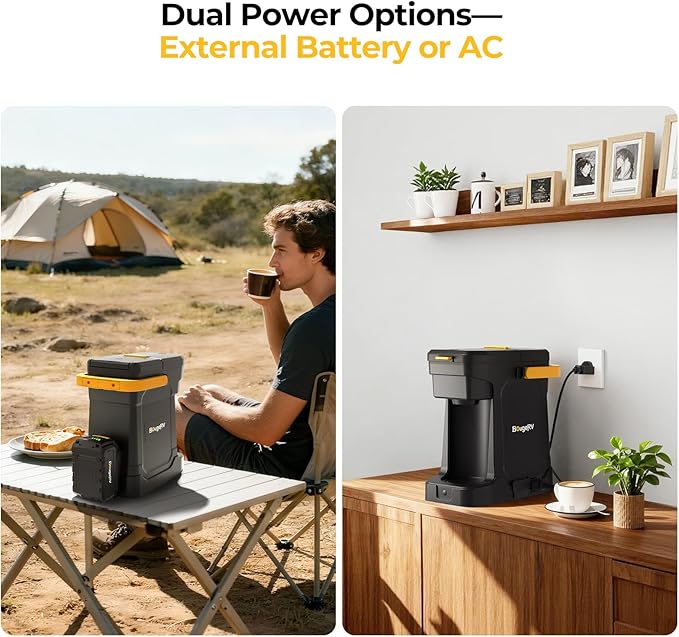 BougeRV Coffee Machine with 18V 8Ah Battery Powered Compatible with K Cup Coffee Pods &amp Ground Cordless Coffee Maker for Travel Camping Outdoor Worker Home