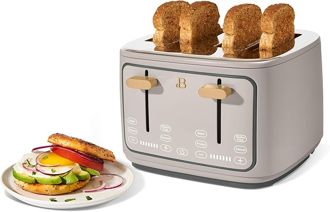 Toaster with Touch Activated Display by Drew BarrymoreExtra-Wide Slots 7 Settings Reheat Functions LED Countdown Timer (Porcini Taupe)