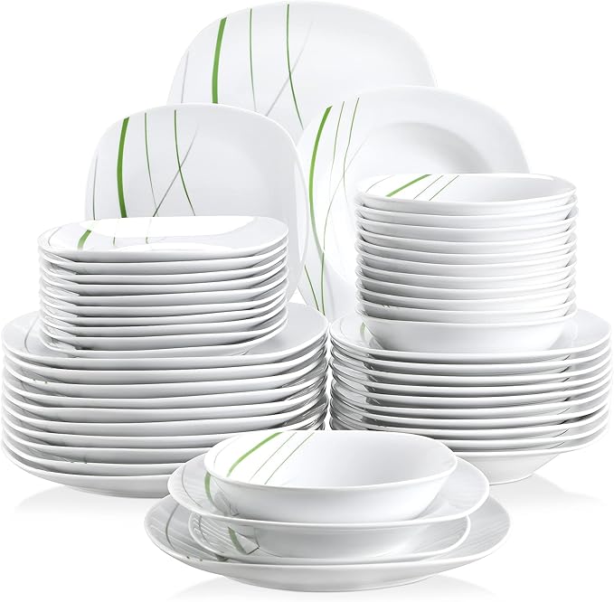 VEWEET Aviva 48-Piece Ceramic Ivory White Tableware Set with Green Stripe Patterns Includes Dinner Dessert Soup Plates for 12