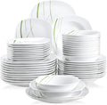 VEWEET Aviva 48-Piece Ceramic Ivory White Tableware Set with Green Stripe Patterns Includes Dinner Dessert Soup Plates for 12