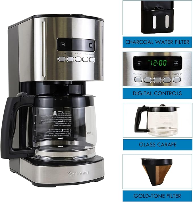 Kenmore Drip Coffee Maker - 12 Cup Programmable Cafe Machine With Glass Pot Regular &amp Bold Brew Auto Shut Off Large Water Reservoir Reusable Filter Kitchen Appliances For Cafeteria Barista Bl
